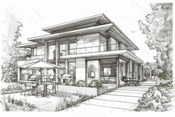 A sketch of a modern house with a patio, suitable for architectural projects
