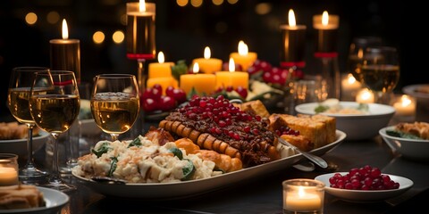 Panorama of christmas table with food and candles on dark background