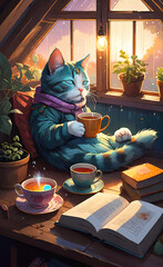 Cute cat lies and sleeps in a cozy attic at home with a cup of coffee and rain outside the window, night sleep and comfort, lofi mood, picture for relaxation and rest, background for smartphone,