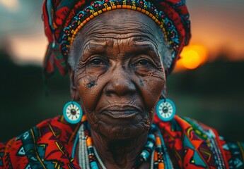 a portrait of an elderly african woman dressed in traditional clothing - obrazy, fototapety, plakaty