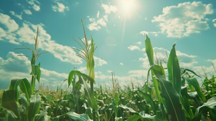 A beautiful cornfield with the sun shining in the background. Ideal for agricultural and nature concepts