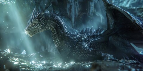 In a dark and mysterious cave a wise and ancient dragon rests peacefully on a bed of sparkling crystals. A radiant beam of healing . .