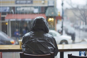 A contemplative person sits facing a wet window on a rainy day, suggesting introspection or loneliness