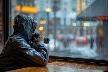 Hooded photographer poised with camera against a window, framing a photo of a rain-soaked cityscape with streetlights glowing - Powered by Adobe