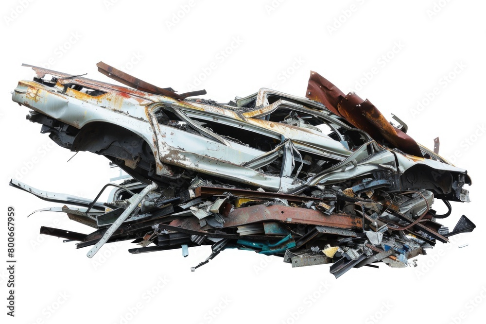 Poster Messy pile of junk on a clean white background. Suitable for concepts of clutter, recycling, or hoarding