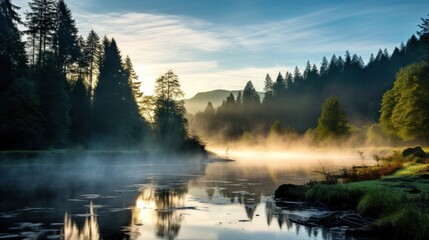 Fototapeta premium Serene mountain lake landscape at sunrise