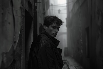 Black and white shot of a young man with a contemplative look in a narrow alley