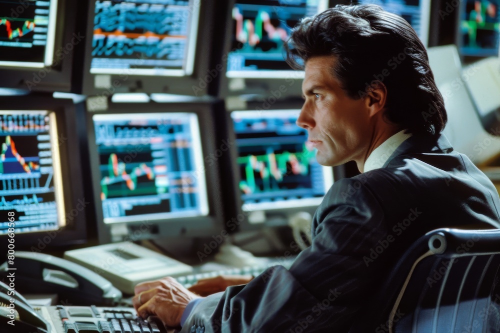 Poster stock market professional analyzes multiple graphs and data on screens for investment opportunities 