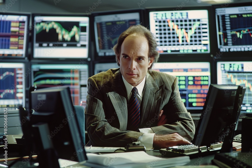 Aufkleber confident stock trader in a suit at an office filled with monitors displaying financial data