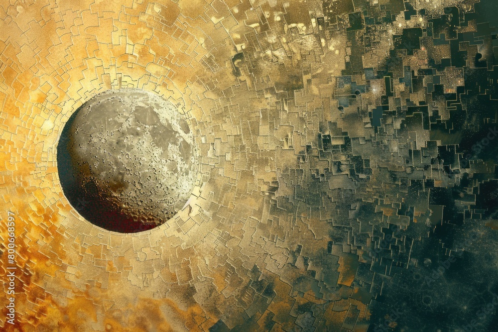 Poster moon in the center of a mosaic pattern, suitable for backgrounds and decorations