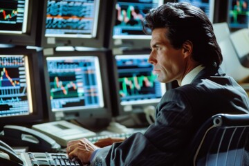Fototapeta premium Stock market professional analyzes multiple graphs and data on screens for investment opportunities and financial growth