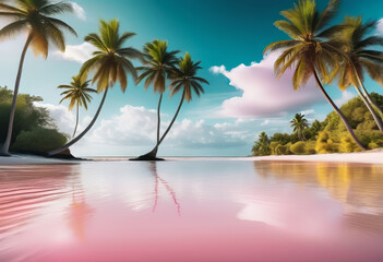soft pink sandy beach with golden glitter of water, palm trees with clouds, tropical island resort holiday concept, with copy space,