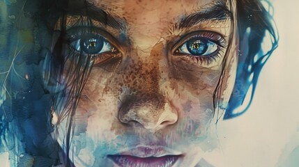 Close up of a woman's face with striking blue eyes, suitable for beauty and healthcare concepts