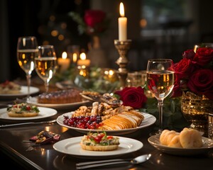 Festive table setting for Valentine's Day dinner. Festive table with food, wine and flowers.