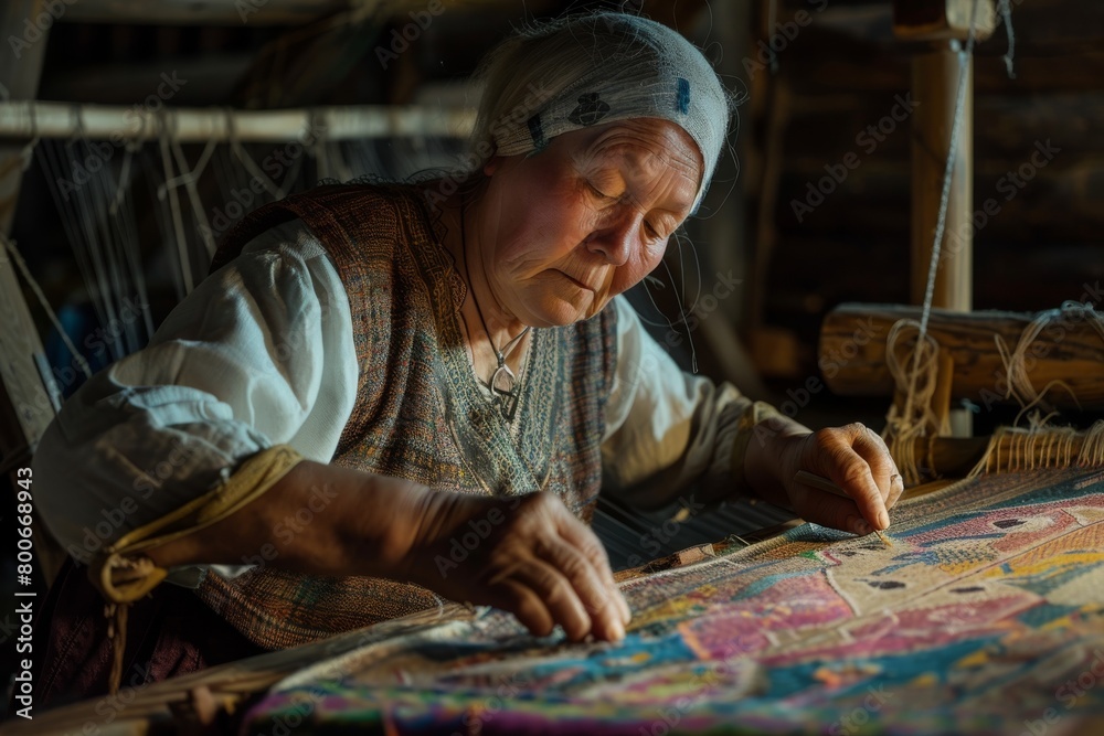 Poster elderly woman concentrates deeply while handweaving on an ancestral loom in a rustic setting