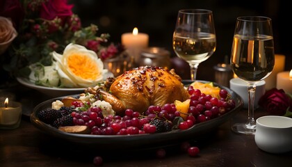 Thanksgiving dinner with roasted turkey, cranberries and pomegranate