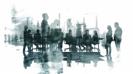 people in manufacturing industry in double exposure on solid white background 