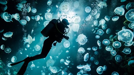 A spectacular view of a diver exploring the depth of the sea filled with an abundance of jellyfish