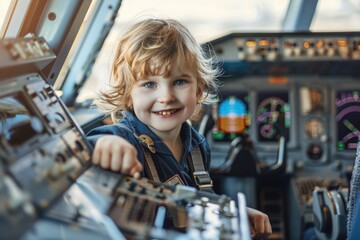 A little boy sitting in the cockpit of a plane. Suitable for aviation themes