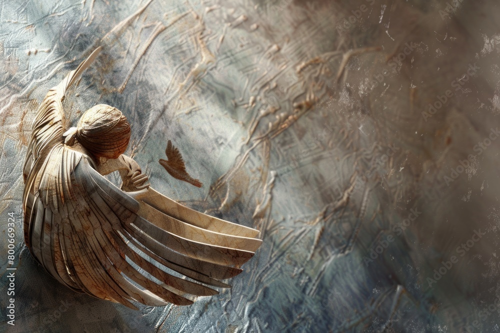 Poster a serene angel statue on a textured stone wall. suitable for religious themes or architectural desig