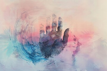 A minimalist fingerprint design overlaid on a watercolor background