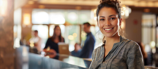 Young woman receptionists standing in hotel lobby near the counter