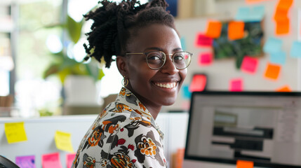 Smiling african american girl at her workplace, working hard in the office at her desk. Pleasant working atmosphere
