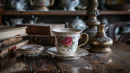 Fototapeta premium A beautifully detailed vintage teacup and saucer set rests on a weathered wooden table among antique books