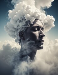 man with smoke in his head and clouds surrounding him. - 800669781