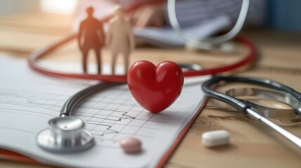 Representation of a health insurance. Decorated with health-related objects such as heart shaped, pills, stethoscope, and meds.