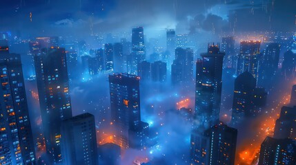 modern city at night backlighted with blue atmosphere