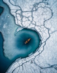 boat is seen from above, floating in the center of a frozen lake. The lake is full of cracks and the ice is melting, revealing blue water. - 800669972