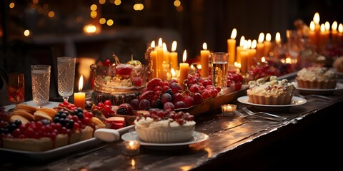 decorated table for a birthday party with candles, cakes and fruits