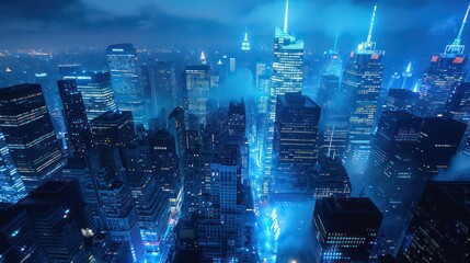 modern city at night backlighted with blue atmosphere