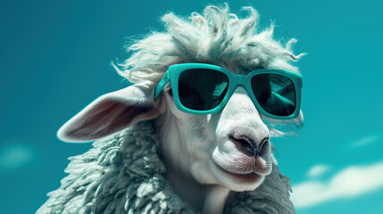 A Portrait of a Sheep face with a sunglass A photo-realistic sheep’s head with background