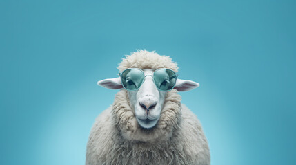 Obraz premium A Portrait of a Sheep face with a sunglass A photo-realistic sheep’s head with background