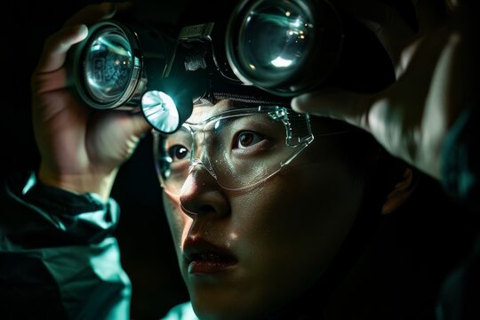 A photographer is holding and inspecting a camera lens carefully in a dark setting, focusing on precision and expertise - Powered by Adobe