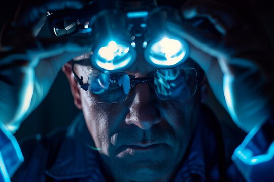 An astronaut in gear scrutinizes a document amidst the glow of neon lights, suggesting technology and investigation