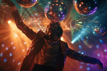 Capturing the exhilaration of nightlife, a person in an energetic dance pose amidst the glow of disco balls and lights