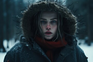 Mysterious woman in winter forest