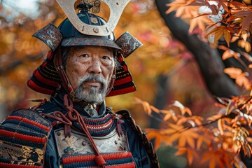 A samurai clad in intricate traditional armor stands amidst the striking colors of autumn leaves