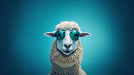 Obraz premium A Portrait of a Sheep face with a sunglass A photo-realistic sheep’s head with background