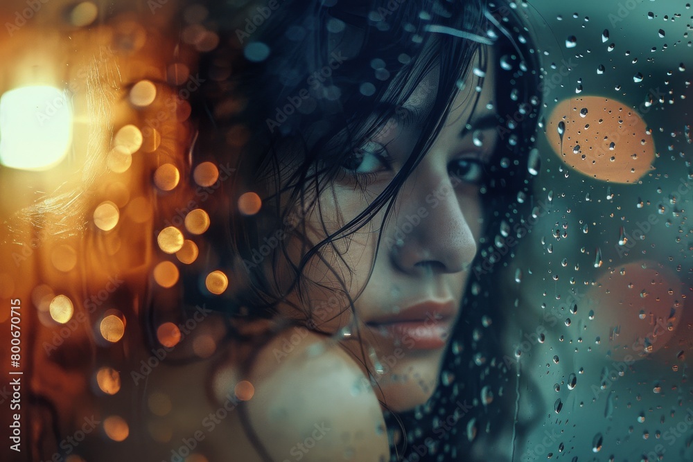 Poster a serene rainy scene viewed through a glass window with droplets, overlayed by reflective bokeh ligh