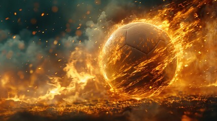 Soccer ball in fire on dark sky background. 3d illustration