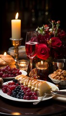 Obraz na płótnie Canvas Romantic dinner with wine, croissants, berries and honey