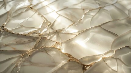 A detailed close-up of glowing cracked glass with warm golden tones that highlight the texture and...