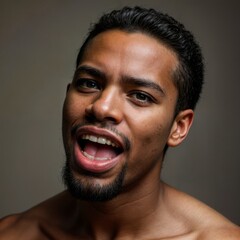 Obraz premium A bearded man is smiling with open lips, showing his jawline and muscles