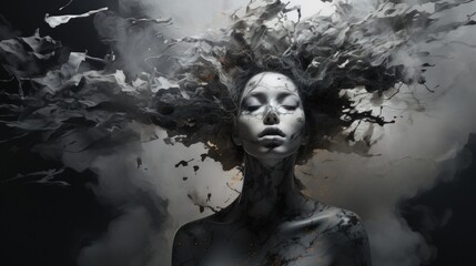 Surreal portrait of a woman with abstract smoke-like elements