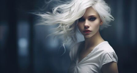Captivating portrait of a woman with striking white hair