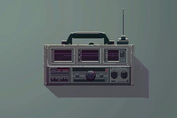 A minimalist pixel art representation of a retro boombox, focusing on simplicity in audio technology